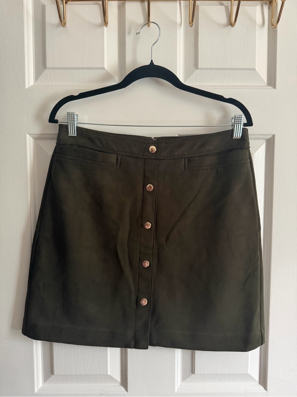 LOFT Gold Button-Front Olive Green A-Line Skirt